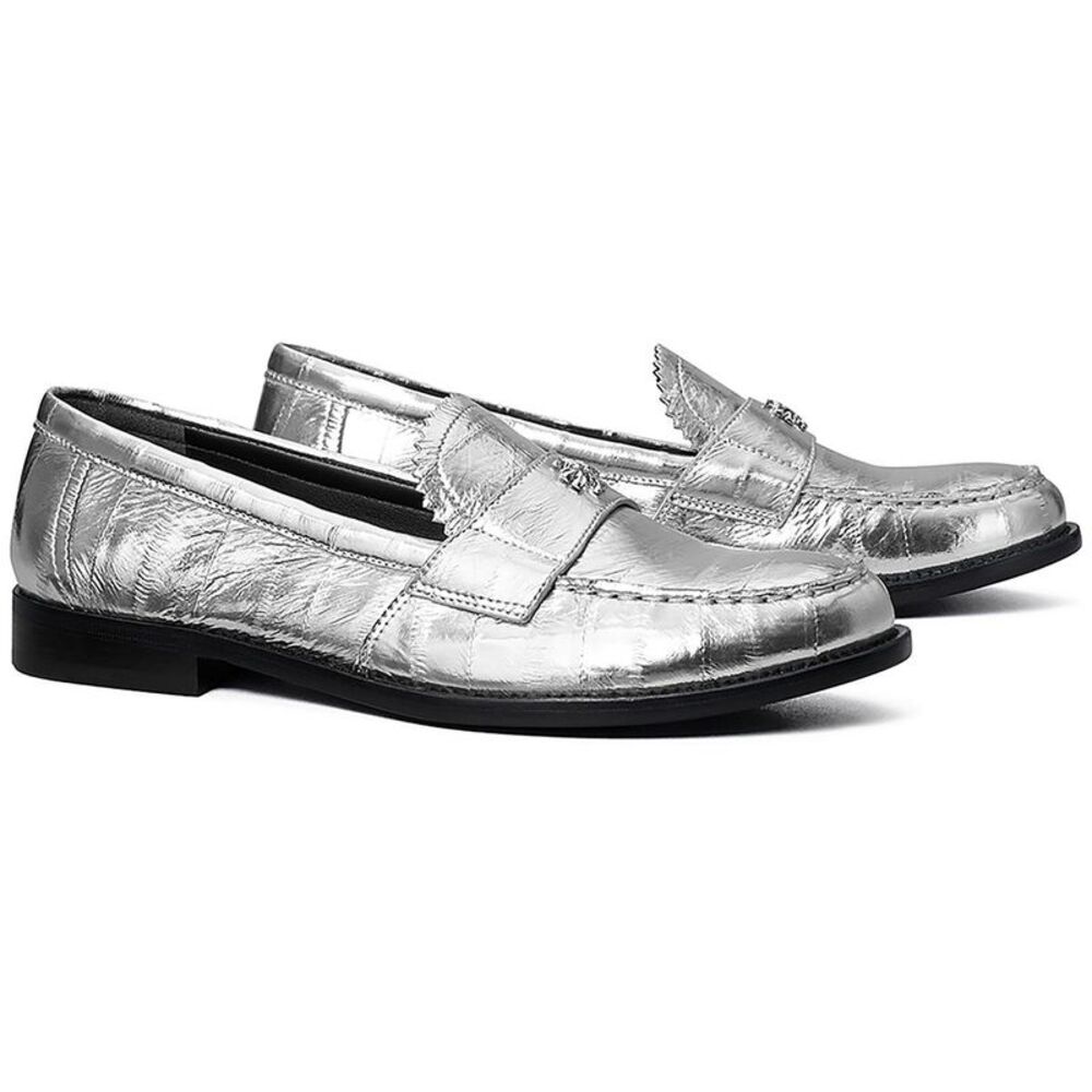 Tory Burch Womens Silver Leather Slip On Flats Loafers Imperfections